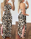 Leopard Print Halter Sleeveless Jumpsuit Casual Backless Loose Fit Slit Rompers