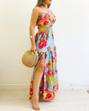 Floral Print Criss Cross Halter Slit Dress Casual Hollow Our Ruffes Vacation Maxi Dress