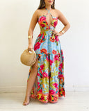 Floral Print Criss Cross Halter Slit Dress Casual Hollow Our Ruffes Vacation Maxi Dress