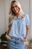 Sky Blue Floral Embroidered Puff Sleeve Notched V Neck Blouse