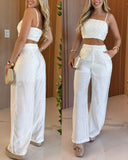 2 Pieces Outfit Weaving Textured Spaghetti Strap Crop Top and Casual Wide Leg Pants Set