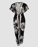 Floral Print V Neck Short Sleeve Ruched Dress Casual Waist Slit Midi Dress