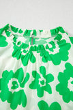 Green Contrast Embroidered Puff Short Sleeve Floral Blouse