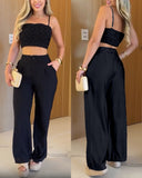 2 Pieces Outfit Weaving Textured Spaghetti Strap Crop Top and Casual Wide Leg Pants Set