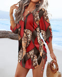 Leopard Colorblock V Neck Roll Up Sleeve Hollow out Drawstring Mini Dress Cover ups