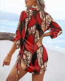 Leopard Colorblock V Neck Roll Up Sleeve Hollow out Drawstring Mini Dress Cover ups