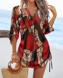 Leopard Colorblock V Neck Roll Up Sleeve Hollow out Drawstring Mini Dress Cover ups