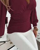 Plunge Lantern Sleeve Ruched Top