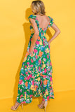 Green Floral Print Sleeveless Ruffle Tiered Maxi Dress