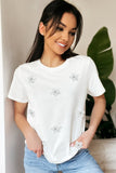 White Flower Applique Round Neck T-shirt