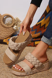 Light French Beige Woven Suede Band Wedge Slippers