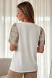 White Leopard Patchwork Crochet Lace Trim Puff Sleeve T Shirt