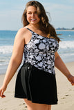 Black Plus Size Printed Square Neck Drawstring Ruffled Tankini Set