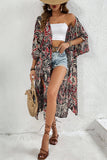 Black Floral Print Side Slit Open Front Long Kimono