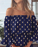 Bronzing Polka Dot Off the Shoulder Bell Sleeve Dress Casual Waist A Line Mini Dress