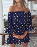 Bronzing Polka Dot Off the Shoulder Bell Sleeve Dress Casual Waist A Line Mini Dress