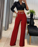 Metal Button Decor High Waist Casual Straight Leg Work Pants