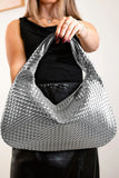 Silvery Woven Design PU Leather Single Shoulder Bag