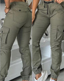 Multiple Pockets Design Cuffed Cargo Pants Slim Fit Trousers