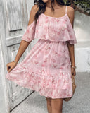 Glitter Lurex Floral Print Cold Shoulder Spaghetti Strap Ruffles Layered Dress Sweet Dress