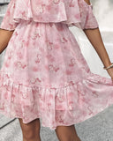 Glitter Lurex Floral Print Cold Shoulder Spaghetti Strap Ruffles Layered Dress Sweet Dress