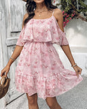 Glitter Lurex Floral Print Cold Shoulder Spaghetti Strap Ruffles Layered Dress Sweet Dress