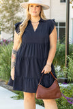 Navy Blue Collared V Neck Flutter Sleeve Tiered Plus Size Dress