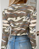 Waffle Knit Camouflage Print Round Neck Long Sleeve Front Zipper Tee Casual Top