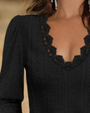 Deep V Neck Contrast Lace Three Quarters Sleeves Tee Casual Shirred & Frill Hem Cuffs Breathable Top