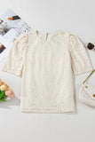 Beige Eyelet Embroidered Half Sleeve Casual Blouse