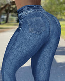 Denim Print High Waist Fake Jean Leggings Seamless Yoga Pants Butt Lifting Workout Trousers