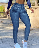 Denim Print High Waist Fake Jean Leggings Seamless Yoga Pants Butt Lifting Workout Trousers