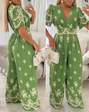 Floral Print Flutter Sleeve V Neck Maxi Wide Leg Jumpsuit Casual Overalls