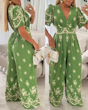 Floral Print Flutter Sleeve V Neck Maxi Wide Leg Jumpsuit Casual Overalls