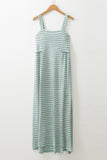 Green Stripe Shirred Frilled High Waist Sleeveless Loose Fit Maxi Dress