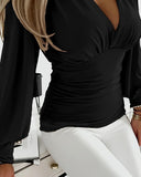 Plunge Lantern Sleeve Ruched Top