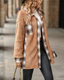 Plaid Print Pocket Design Long Sleeve Buttoned Teddy Coat Outfit