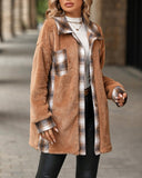 Plaid Print Pocket Design Long Sleeve Buttoned Teddy Coat Outfit