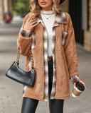 Plaid Print Pocket Design Long Sleeve Buttoned Teddy Coat Outfit