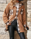 Plaid Print Pocket Design Long Sleeve Buttoned Teddy Coat Outfit