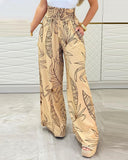 Tropical Print High Waist Tied Detail Pants Casual Shirred Wide Leg Pants