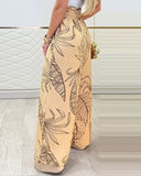 Tropical Print High Waist Tied Detail Pants Casual Shirred Wide Leg Pants