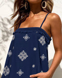 2 Piece Geometric Embroidery Spaghetti Strap Tassel Design Square Neck Top Casual Shorts Set