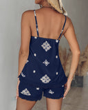 2 Piece Geometric Embroidery Spaghetti Strap Tassel Design Square Neck Top Casual Shorts Set