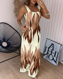Plants Print Thick Strap Dress Casual Slim Fit Slit Maxi Dress with Pockets