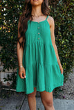 Sea Green Textured Buttoned Thin Strap Tiered Loose Fit Mini Dress