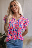 Rose Red Abstract Print Ruffled Sleeve V Neck Blouse