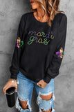 Black Ceramic Rhinestone mardi gras Letter Graphic Sweatshirt