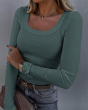 Long Sleeve U Neck Skinny Ribbed Top