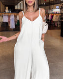 Plain Adjustable Strap Wide Leg Jumpsuit Casual Loose Fit Romper